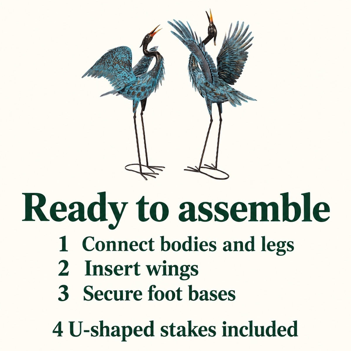 Blue Metal Heron Garden Sculptures, Set of 2