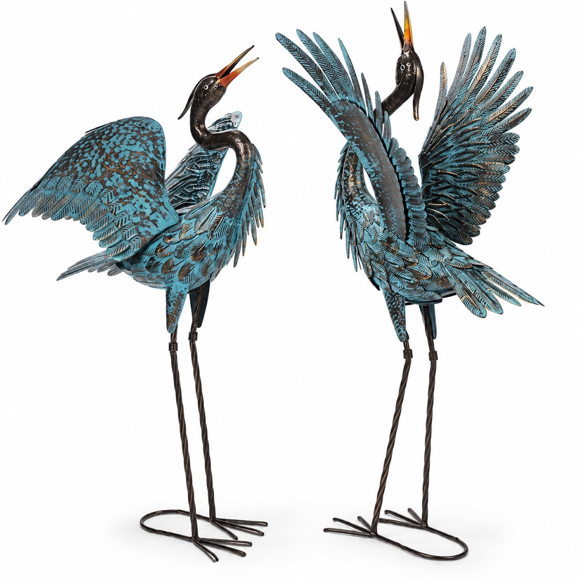Blue Metal Heron Garden Sculptures, Set of 2