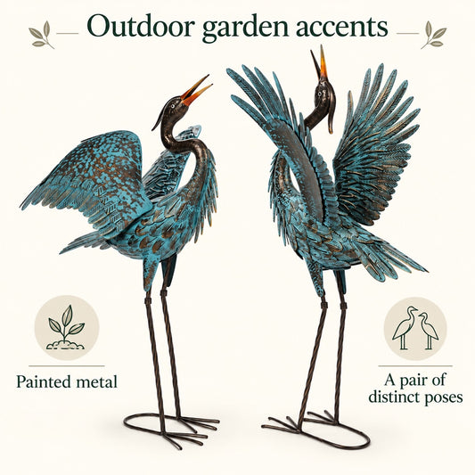 Blue Metal Heron Garden Sculptures, Set of 2