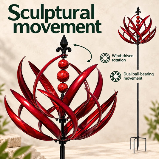 Burgundy Lotus Metal Wind Sculpture, 91-Inch