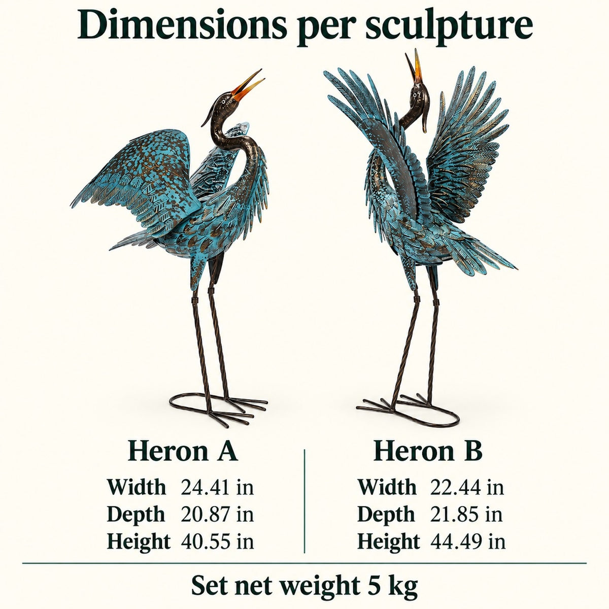 Blue Metal Heron Garden Sculptures, Set of 2