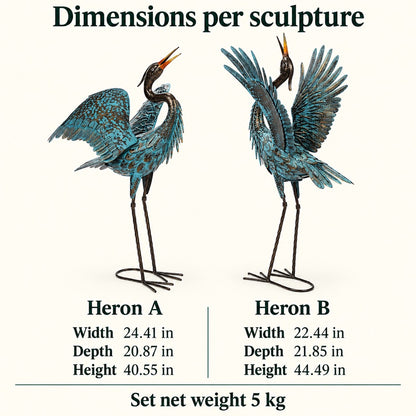 Blue Metal Heron Garden Sculptures, Set of 2