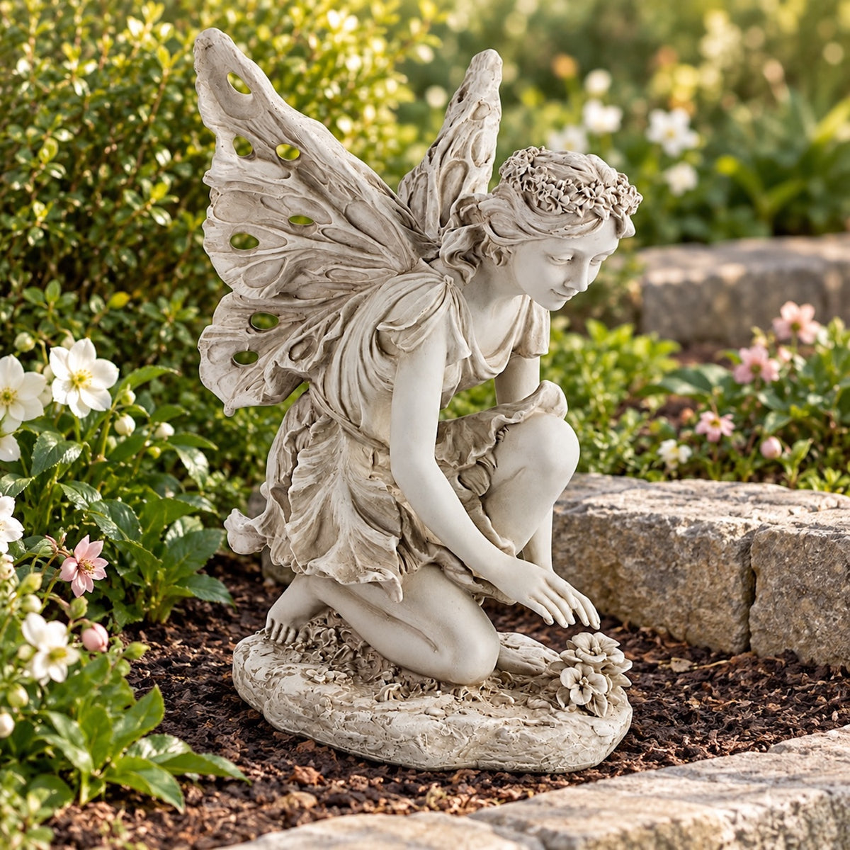 Kneeling Flower Fairy Garden Statue, 17-Inch
