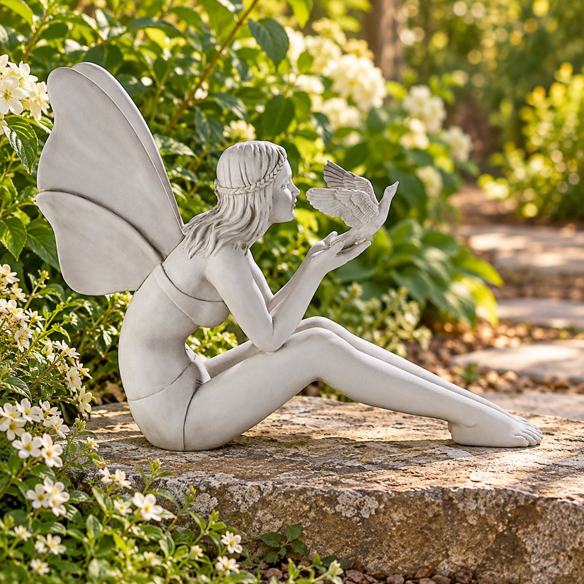 24-Inch-Wide Seated Fairy with Dove Garden Statue