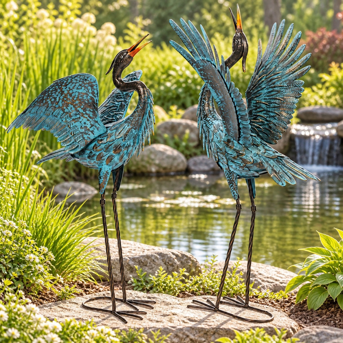 Blue Metal Heron Garden Sculptures, Set of 2