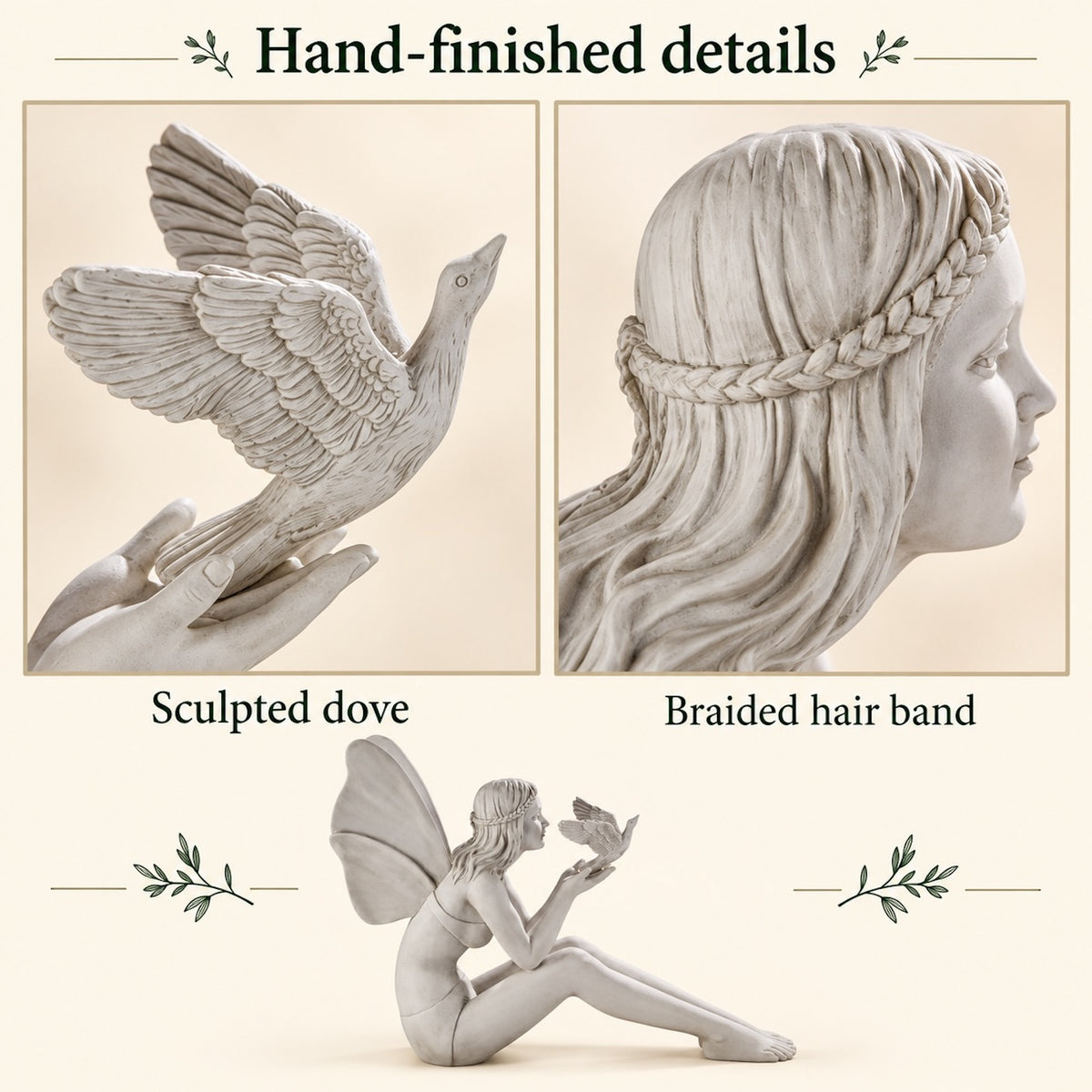 24-Inch-Wide Seated Fairy with Dove Garden Statue