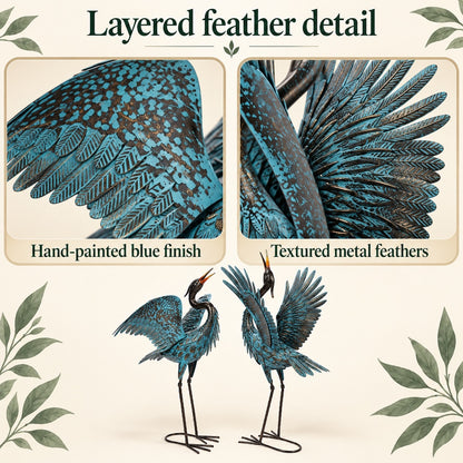 Blue Metal Heron Garden Sculptures, Set of 2