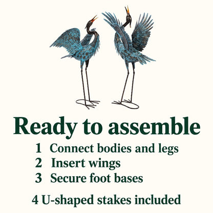 Blue Metal Heron Garden Sculptures, Set of 2